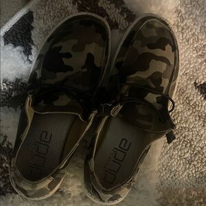Hey Dude Kids Camo Slip-On Moccasins in Olive and Brown